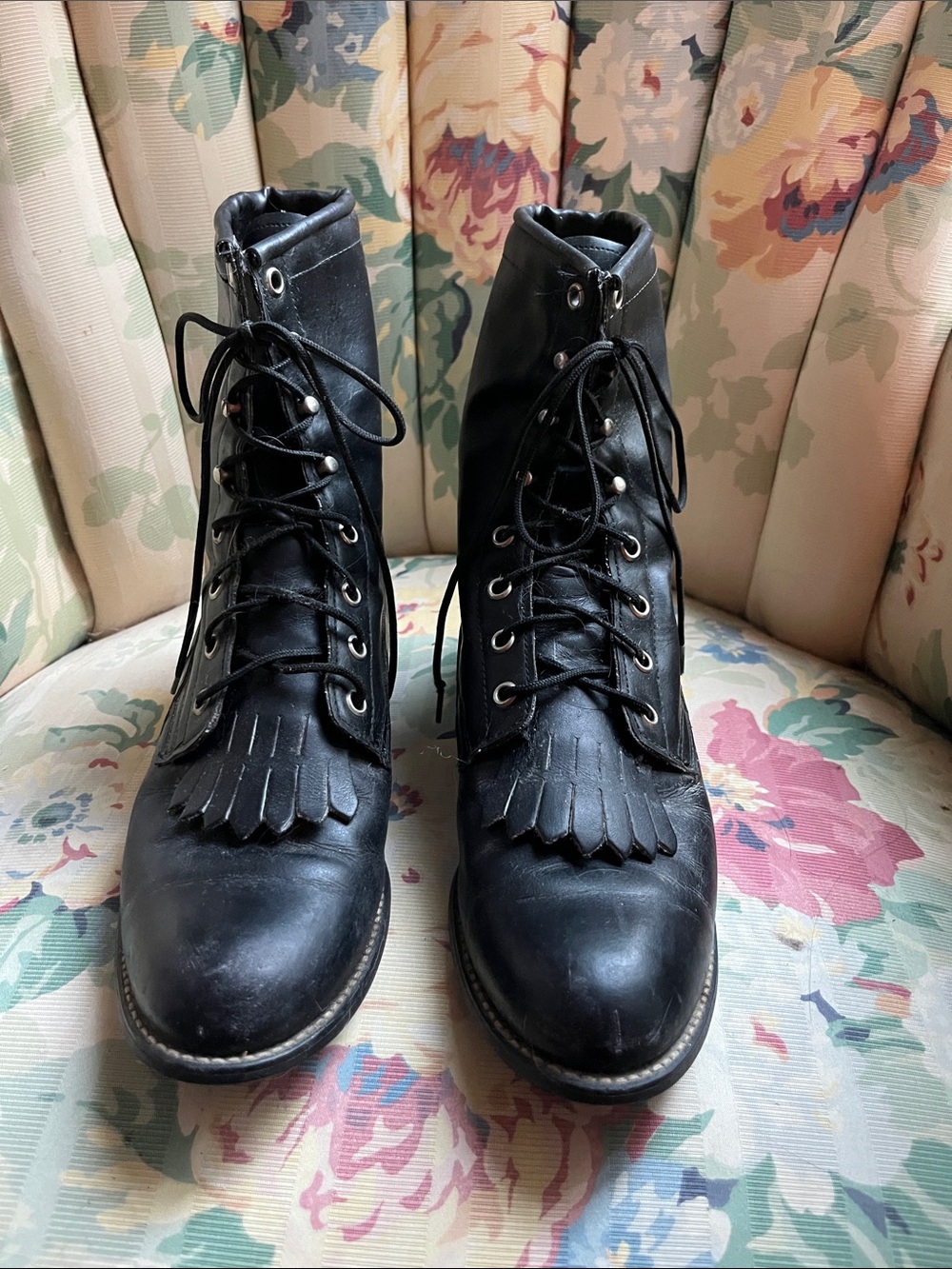 Black Lace-Up Leather Ankle Boots with Kiltie Fringe